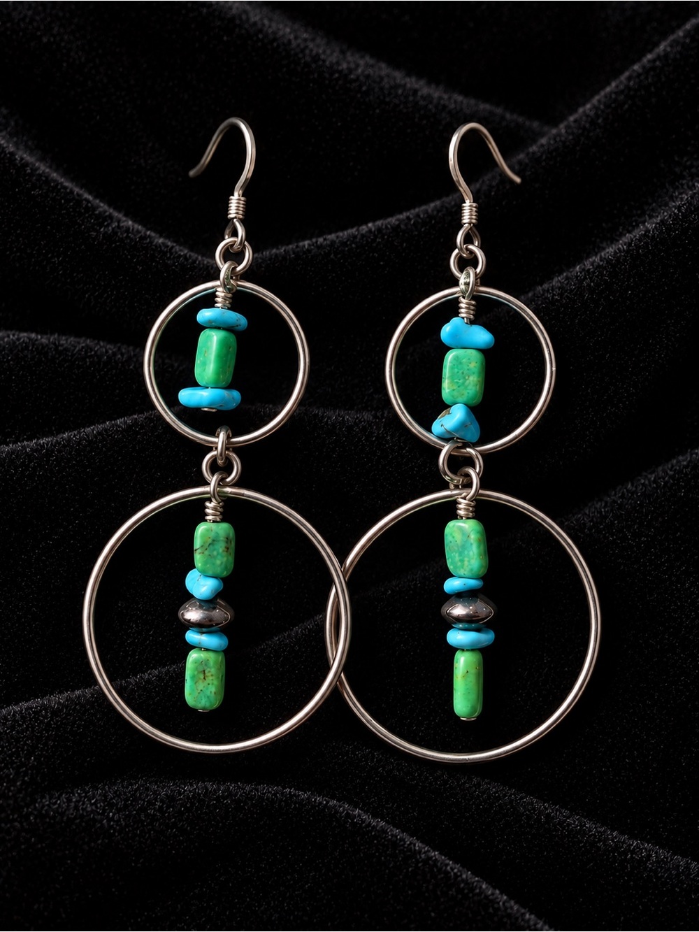 Silver, Turquoise, and Green Circle Dangle Earrings
